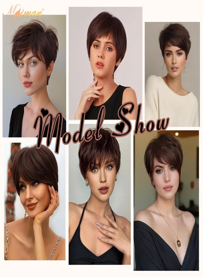 MIMAN Short Brown Pixie Cut Wigs with Bangs Synthetic Hair Wig for Women Party Halloween Costume Cosplay Wigs 4A Natural Layered Hair Wig - Image 3